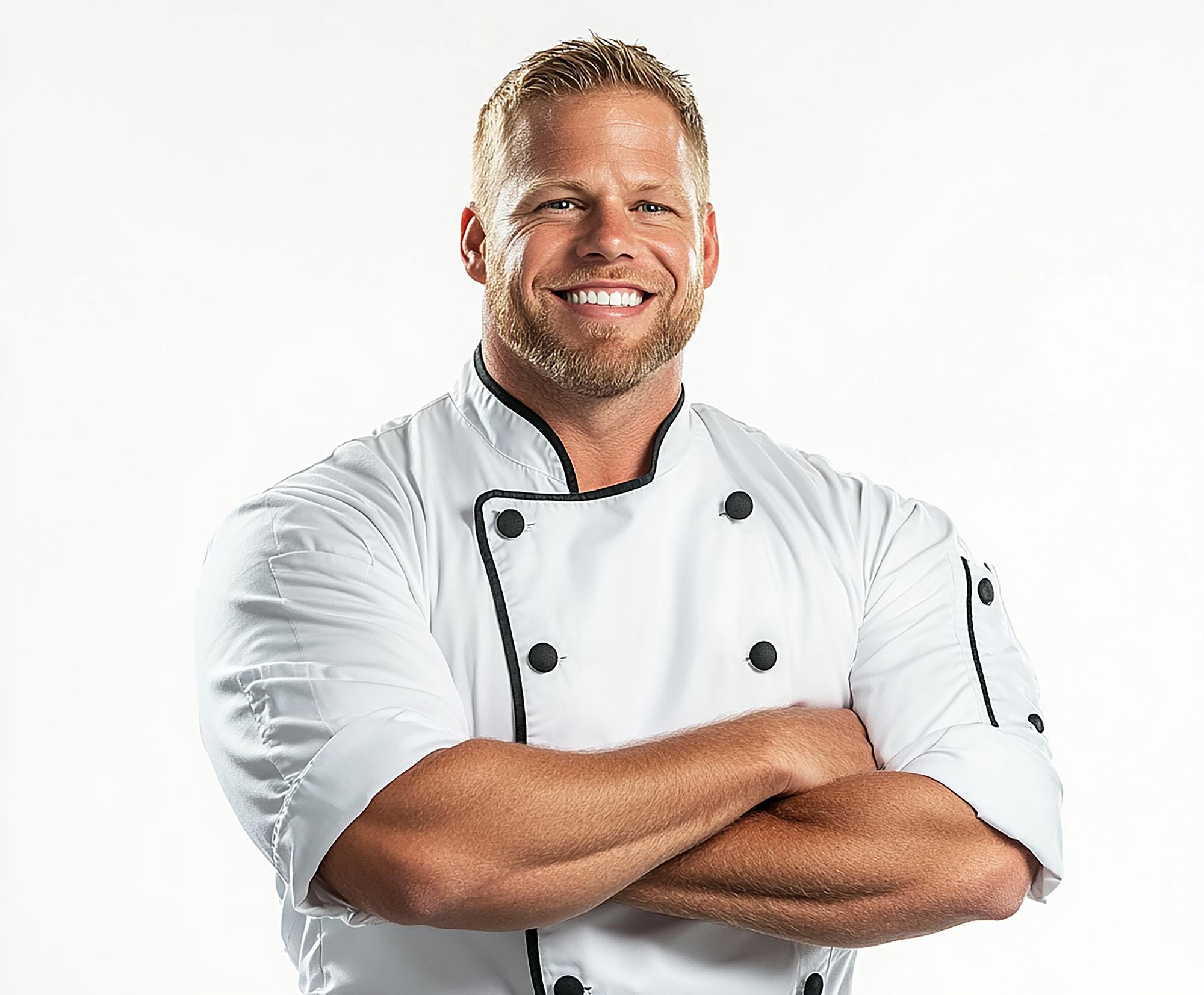 Chef smiling in a warm kitchen studio